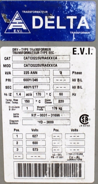 225 kVA DELTA Reconditioned Transformer 600-480/277V Cat No CAT00225VRA6XXCA SKU 3249