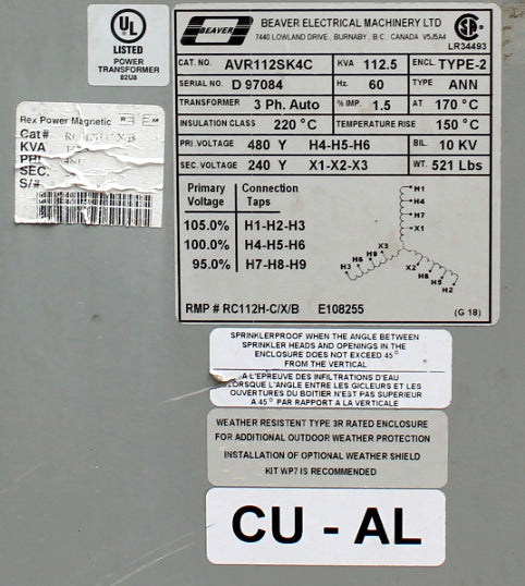 112.5 kVA REX Reconditioned Transformer 480-240V Cat No AVR112SK4C SKU 3251