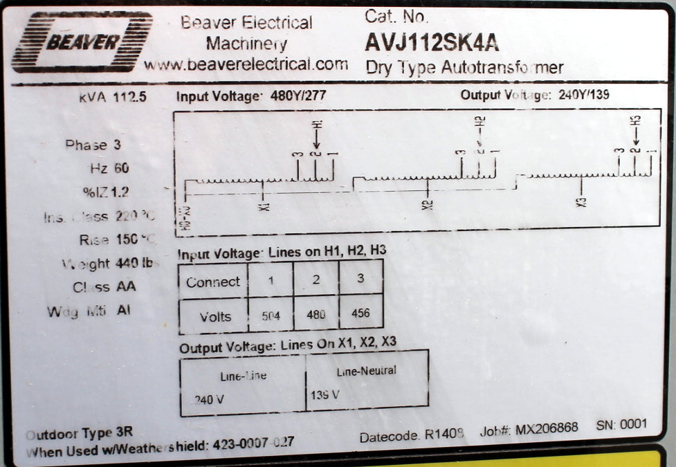 112.5 kVA REX Reconditioned Transformer 480/277-240/139V Cat No AVJ112SK4A SKU 3252