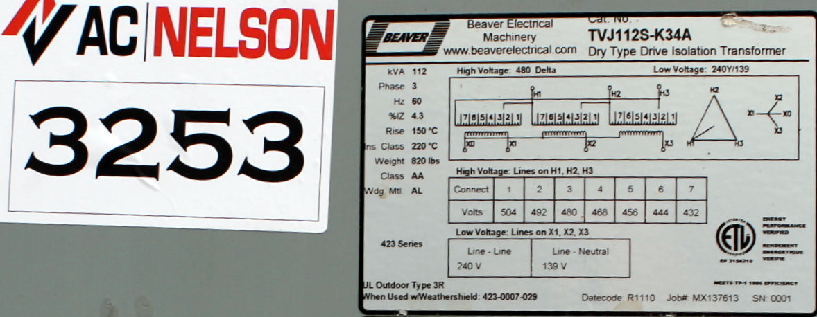 112.5 kVA REX Reconditioned Transformer 480-240/139V Cat No TV112S-K34A SKU 3253