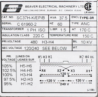 37.5 kVA REX Reconditioned Transformer 480-120/240V Cat No SC37H-K/EP/B SKU 3257