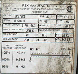 37.5 kVA REX Reconditioned Transformer 208-230V Cat No SC37BC1 SKU 3258