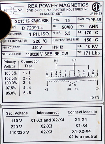 15 kVA REX Reconditioned Transformer 440-110/220V Cat No SC15H2-K2/50/E3R SKU 3264