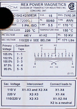 15 kVA REX Reconditioned Transformer 440-110/220V Cat No SC15H2-K2/50/E3R SKU 3265