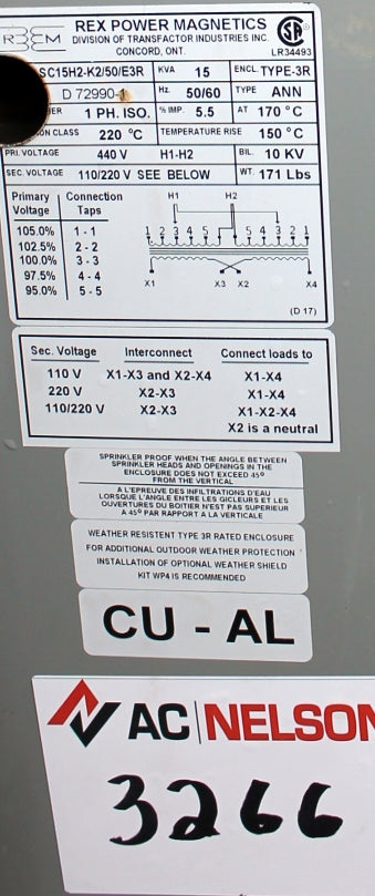 15 kVA REX Reconditioned Transformer 440-110/220V Cat No SC15H2-K2/50/E3R SKU 3266