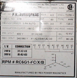 6 kVA REX Reconditioned Transformer 400-240/380V Cat No AVR60PK4C SKU 3282