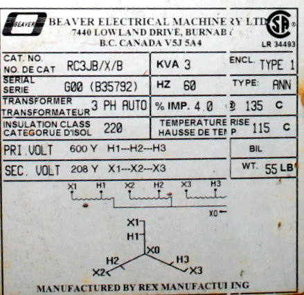 3 kVA REX Reconditioned Transformer 600-208V Cat No RC3JB/X/B SKU 3283