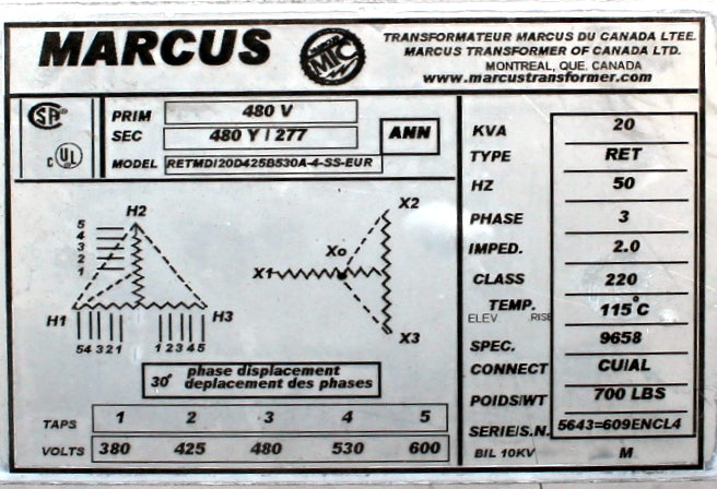 20 kVA MARCUS Reconditioned Transformer 480-480/277V Cat No RETMD120D425B530A-4-SS-EUR SKU 3298