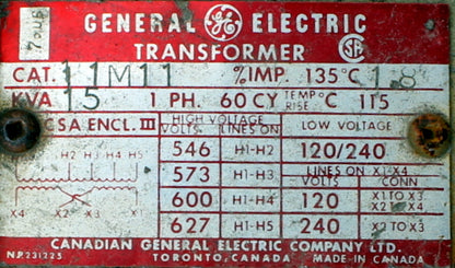 15 kVA GE Reconditioned Transformer 600-120/240V SKU 3304