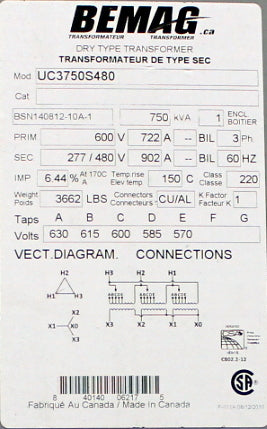 750 kVA BEMAG Reconditioned Transformer 600-277/480V Cat No UC3750S480 SKU 3309