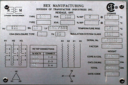 225 kVA FPL Reconditioned Transformer 600-208Y/120V Cat No 51388-5 SN SKU 3310