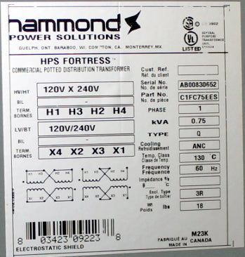 0.75 kVA HPS Reconditioned Transformer 120x240-120/240V Cat No C1FC75EES SKU 3312