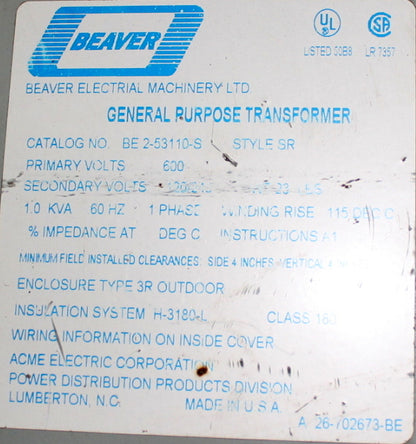 1 kVA BEAVER Reconditioned Transformer 600-120/240V Cat No BE2-53110-S SKU 3313