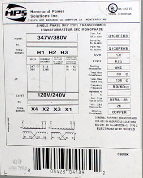 1 kVA HPS Reconditioned Transformer 347/380-120/240V Cat No Q1C0FEKB SKU 3316