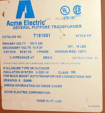 0.5 kVA ACME Reconditioned Transformer 120/240-12/24V Cat No T181051 SKU 3318