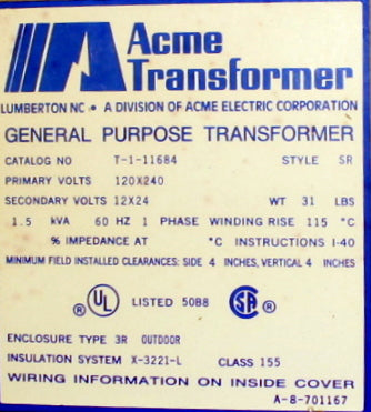 1.5 kVA ACME Reconditioned Transformer 120/240-12/24V Cat No T-1-11684 SKU 3319