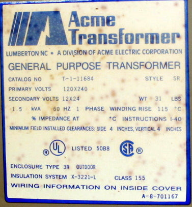 1.5 kVA ACME Reconditioned Transformer 120/240-12/24V Cat No T-1-11684 SKU 3320