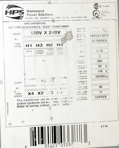 0.75 kVA HPS Reconditioned Transformer 120/240-12/24V Cat No QC75ERCB SKU 3321