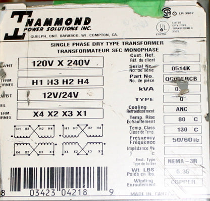 0.05 kVA HPS Reconditioned Transformer 120/240-12/24V Cat No QC05ERCB SKU 3322