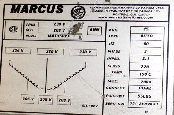 15 kVA MARCUS Reconditioned Transformer 230-208V Cat No MAT15P21 SKU 3323