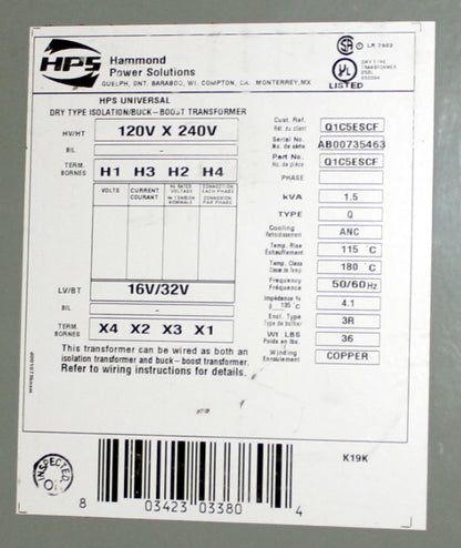 1.5 kVA HPS Reconditioned Transformer 120x240-16/32V Cat No Q1C5ESCF SKU 3324