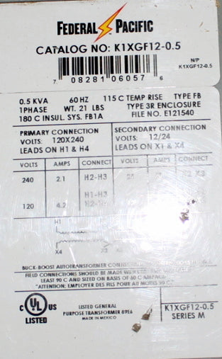 0.5 kVA FPL Reconditioned Transformer 240x240-12/24V Cat No K1XGF12-0.5 SKU 3326