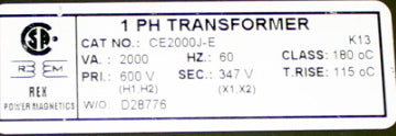 2 kVA REX Reconditioned Transformer 600-347V Cat No CE2000J-E SKU 3327