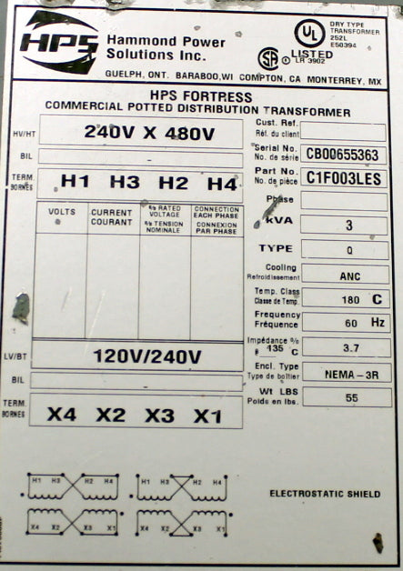 3 kVA HPS Reconditioned Transformer 240x480-120/240V Cat No C1F003LES SKU 3333