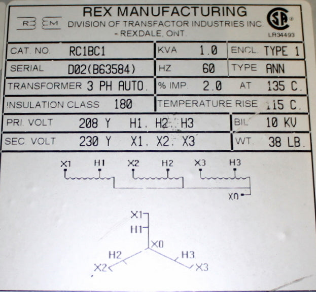 1 kVA REX Reconditioned Transformer 208-230V Cat No RC1BC1 SKU 3337