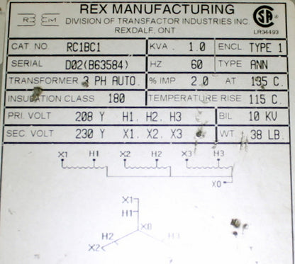 1 kVA REX Reconditioned Transformer 208-230V Cat No RC1BC1 SKU 3338