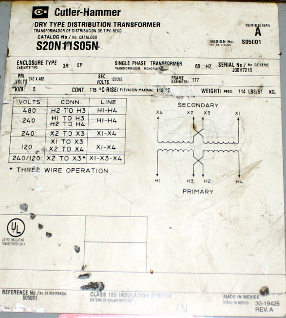 5 kVA C/H Reconditioned Transformer 240/480-120/240V Cat No S20N11S05N SKU 3339