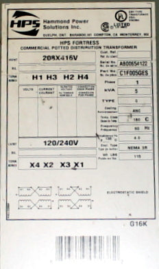 5 kVA HPS Reconditioned Transformer 208x416-120/240V Cat No C1F005GES SKU 3340