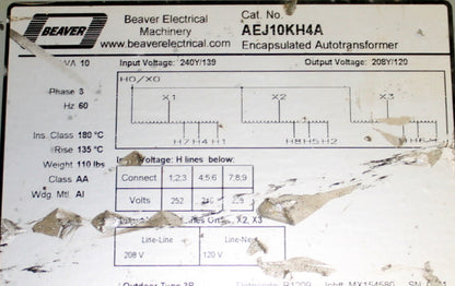 10 kVA BEAVER Reconditioned Transformer 240Y/139-208Y/120V Cat No AEJ10KH4A SKU 3341