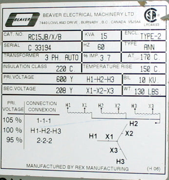 15 kVA BEAVER Reconditioned Transformer 600-208V Cat No RC15JB/X/B SKU 3347