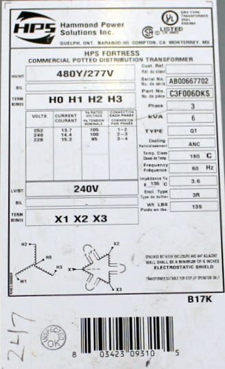 6 kVA HPS Reconditioned Transformer 480Y/277-240V Cat No C3F006DKS SKU 3348