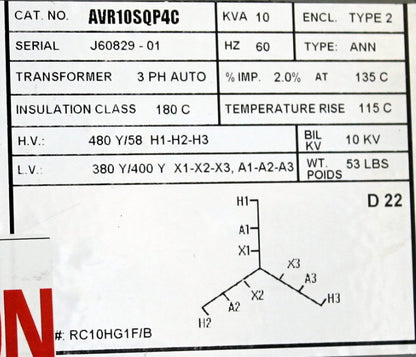 10 kVA REX Reconditioned Transformer 480Y-380/400V Cat No AVR10SQP4C SKU 3349