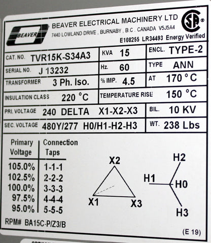 15 kVA BEAVER Reconditioned Transformer 240D-480Y/277V Cat No TVR15K-S34A3 SKU 3351