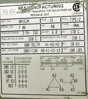 15 kVA REX Reconditioned Transformer 600-208Y/120V Cat No BA15JM SKU 3353