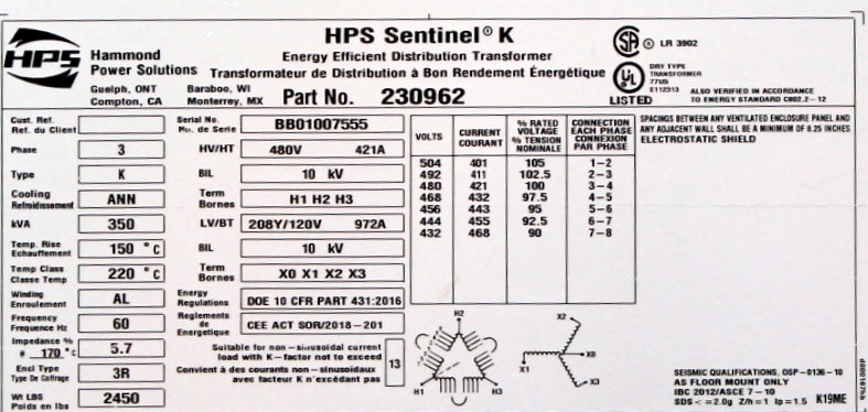 350 kVA HPS Reconditioned Transformer 480-120/208V Cat No 230962 SKU 3357