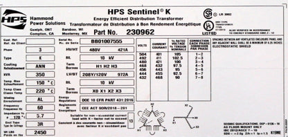 350 kVA HPS Reconditioned Transformer 480-120/208V Cat No 230962 SKU 3357