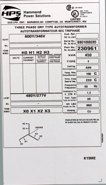 450 kVA HPS Reconditioned Transformer 600/346-480/277V Cat No 230961 SKU 3358