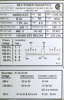 50 kVA REX Reconditioned Transformer 480-120/240V Cat No SA50H-K/Z3 SKU 3359