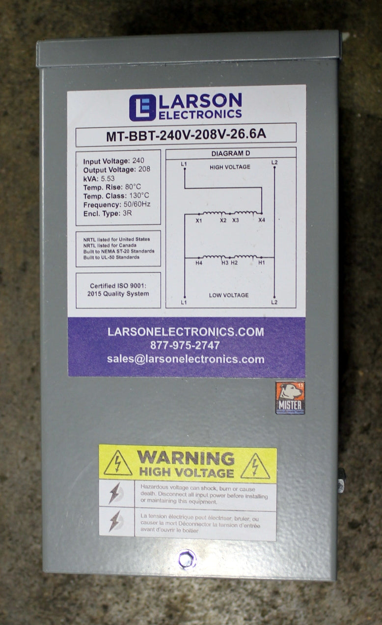 5 kVA Larson Reconditioned Transformer 240-208V Cat No MT-BBT-240-208 SKU 3374