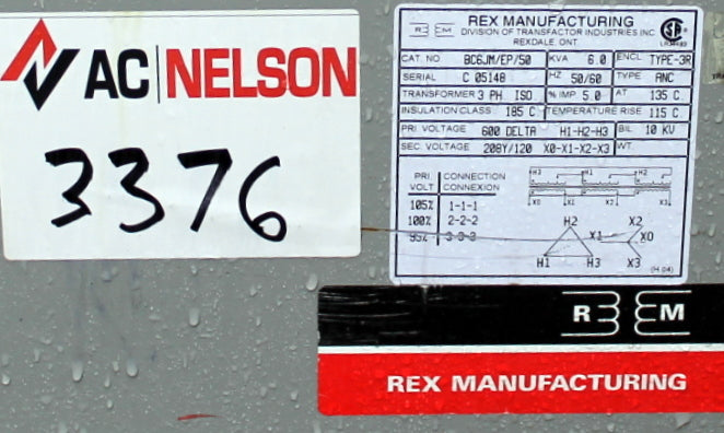 6 kVA REX Reconditioned Transformer 600-120/208V Cat No BC6JM/EP/50 SKU 3376