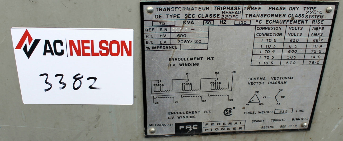 75 kVA FPE Reconditioned Transformer 600-120/208V Cat No 50609-29 SKU 3382