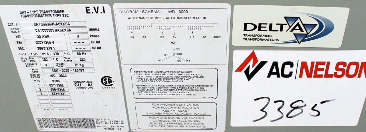 30 kVA Delta Reconditioned Transformer 600/346-380/219V Cat No CAT0030VNA6XXCA SKU 3385