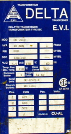 10 kVA Delta Reconditioned Transformer 600-120/240V Cat No DS0010 SKU 3395