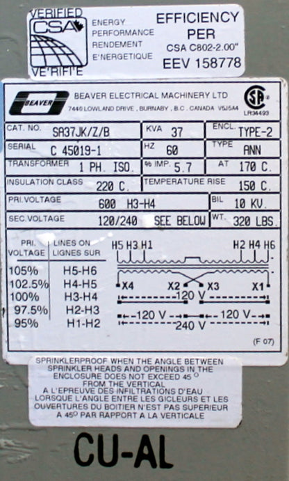 37.5 kVA Rex Reconditioned Transformer 600-120/240V Cat No SA37JK/Z/B SKU 3396