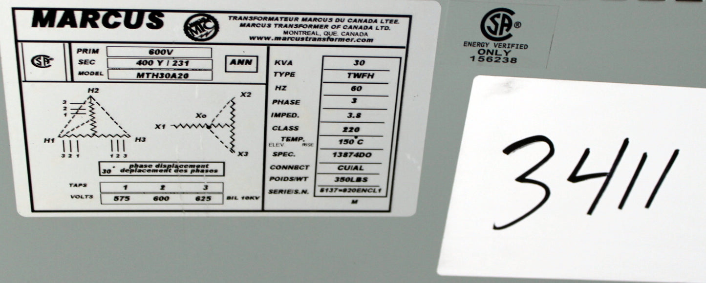 30 kVA Marcus Reconditioned Transformer 600-400/231V Cat No MTH30A20 SKU 3411