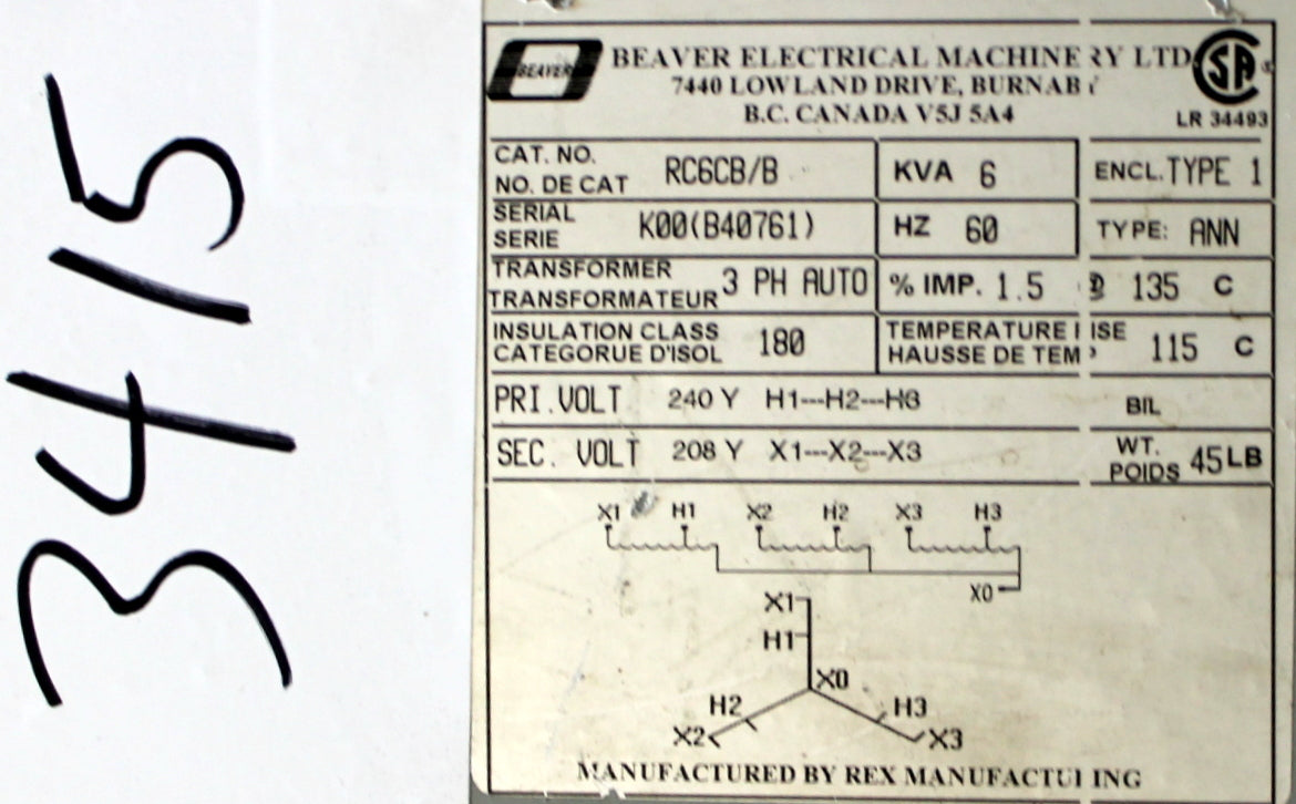 6 kVA Rex Reconditioned Transformer 240-208V Cat No RC6CB/B SKU 3415